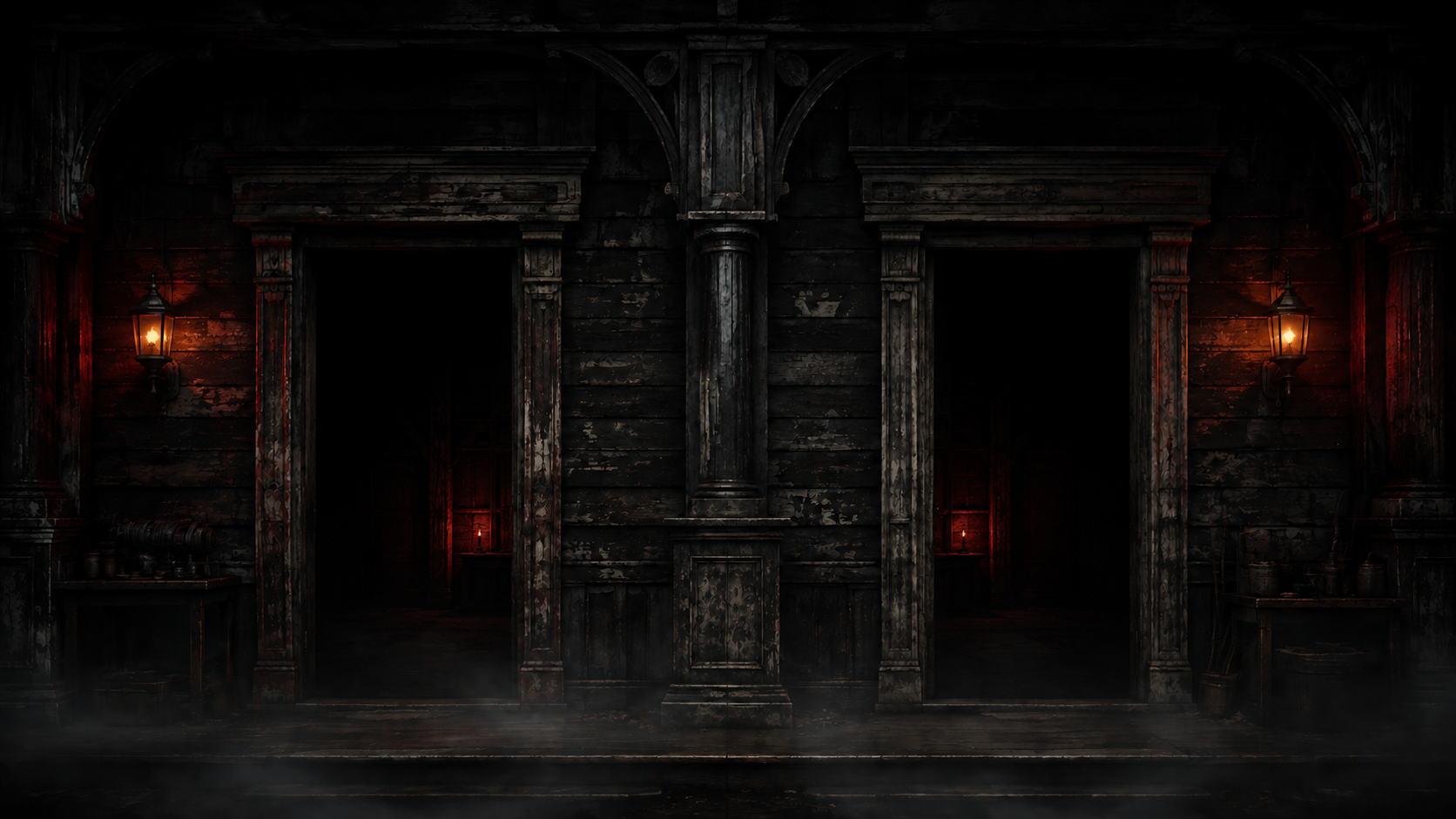A dark, weathered haunted-house facade with two entrance doors